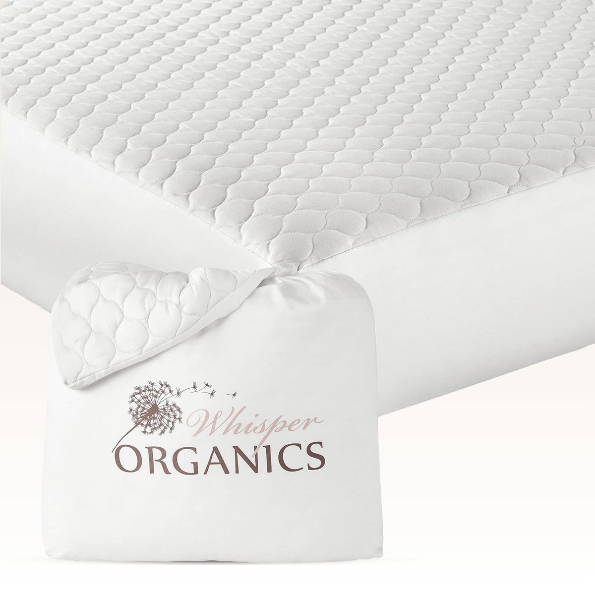 Whisper Organics organic mattress pad shows 100% cotton for cooling, breathable comfort.