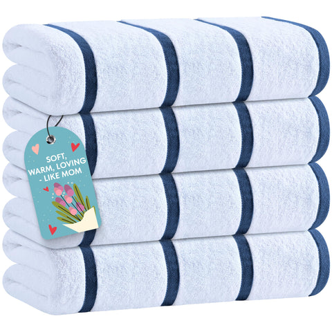 White Classic cotton pool towel with navy stripe, oversized 60x30 inches for poolside comfort