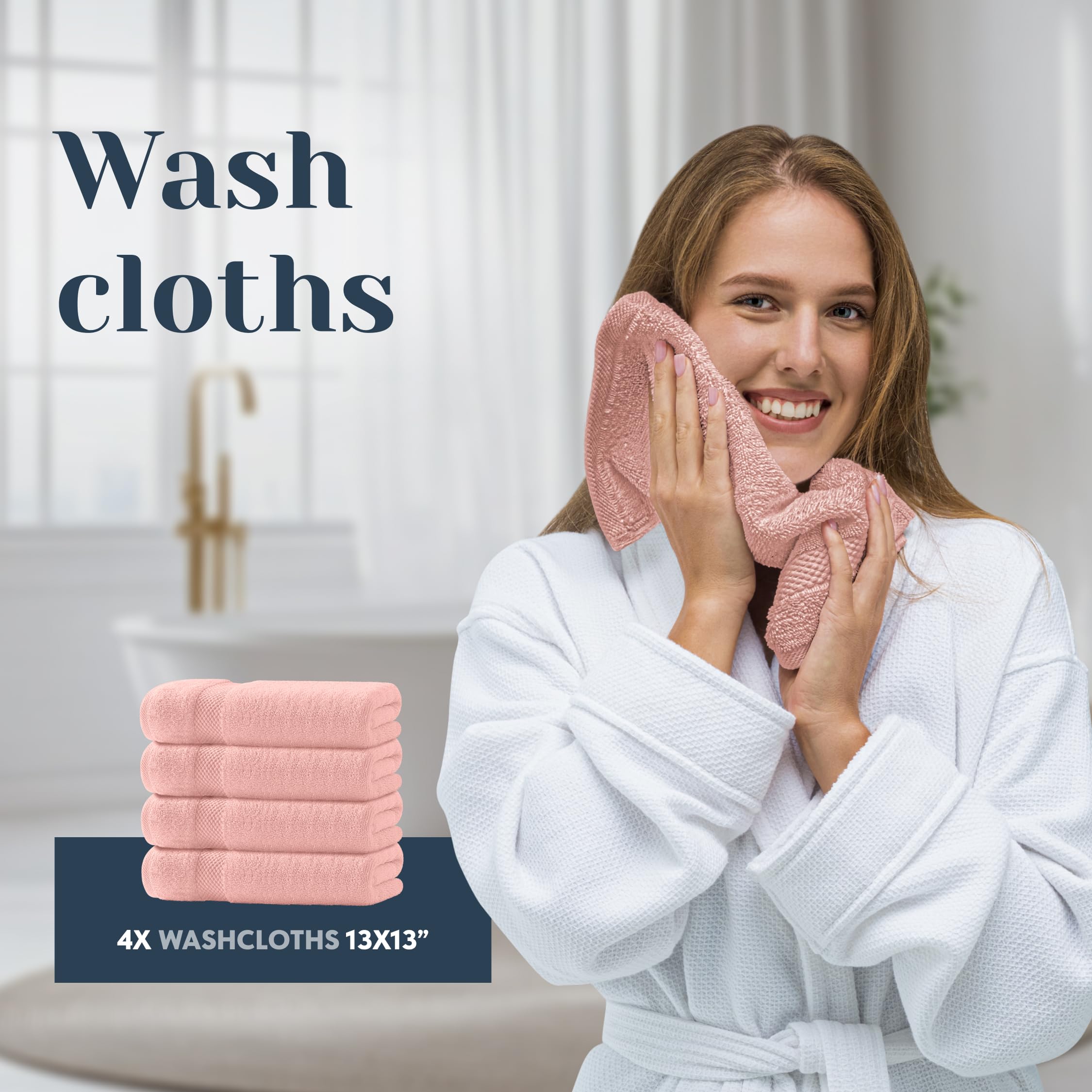 White Classic double-needle stitch detail on pink towels, reinforced durability