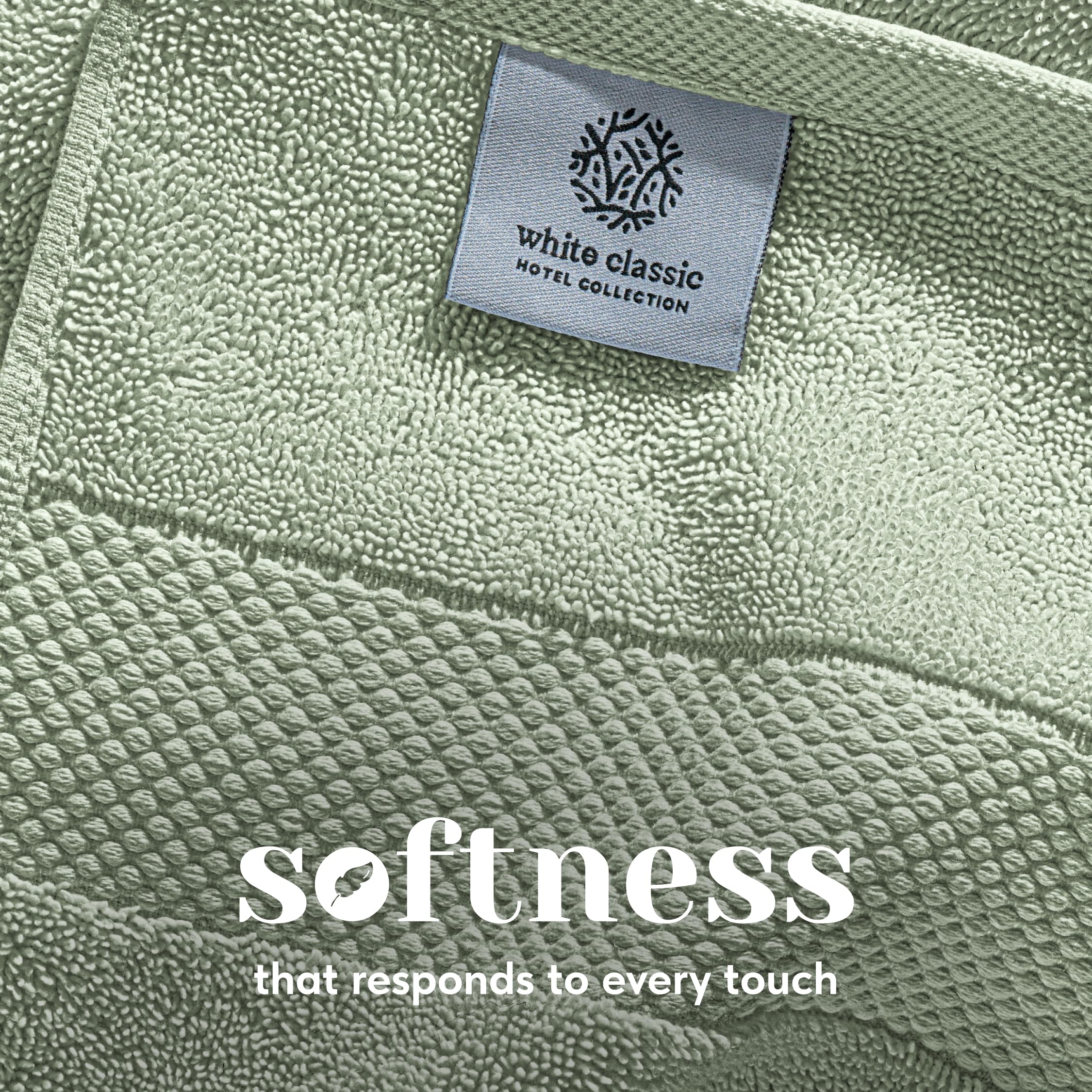 White Classic towels with double-needle stitched edges for durability.