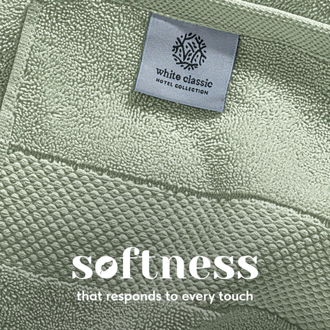 White Classic towels with double-needle stitched edges for durability.