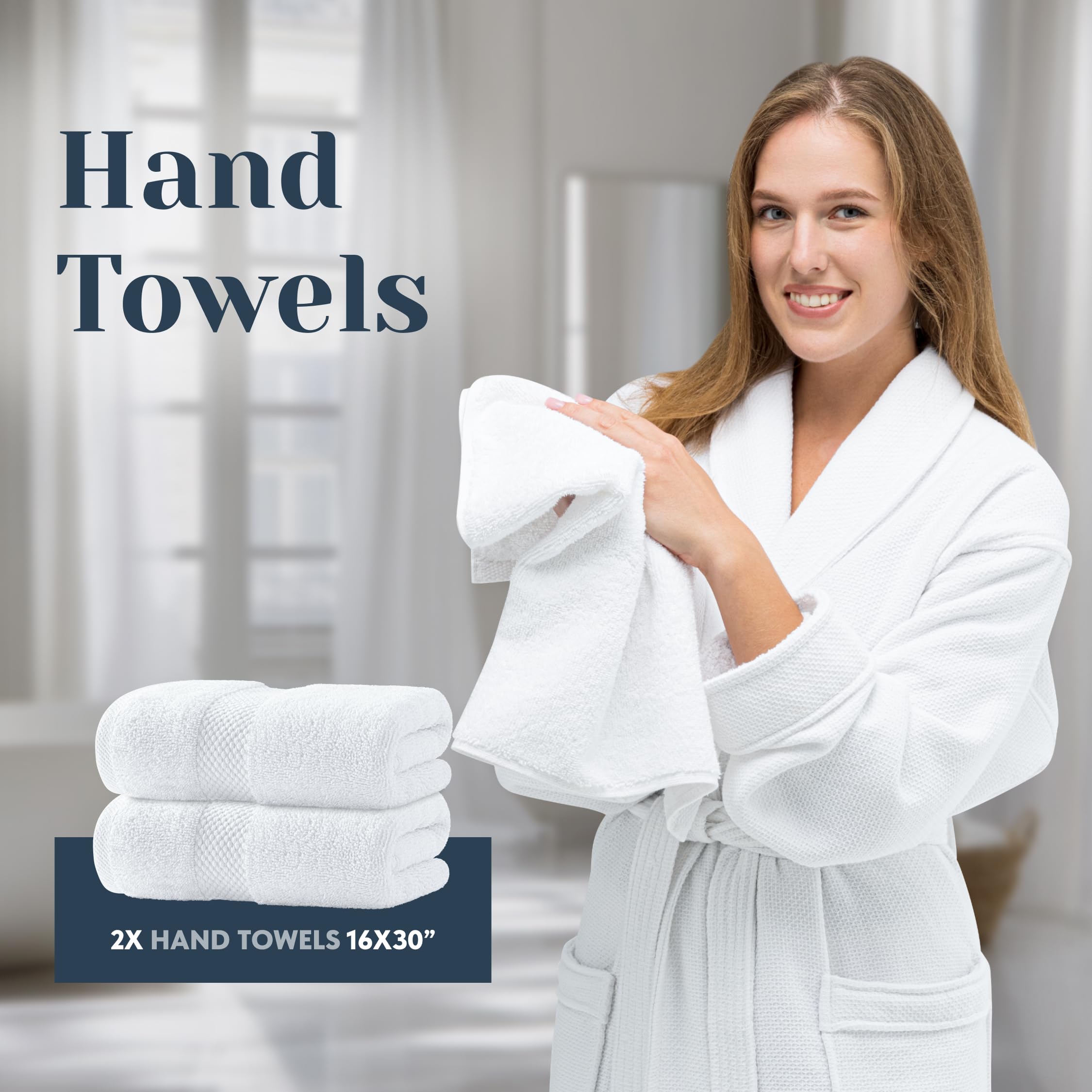 White Classic towels with double-needle stitching for durable edges and longevity