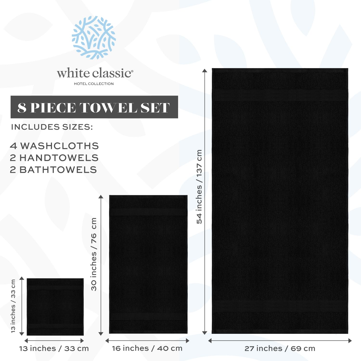 White Classic towels with reinforced double-stitched edges for durability.