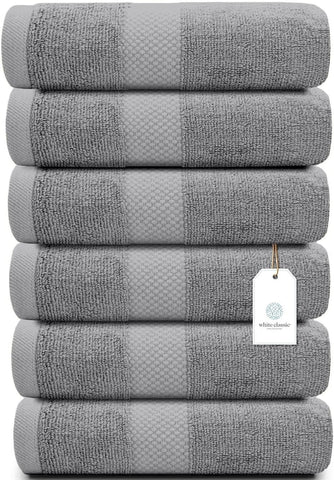 White Classic six-piece hotel collection towel set with Turkish cotton for daily use.