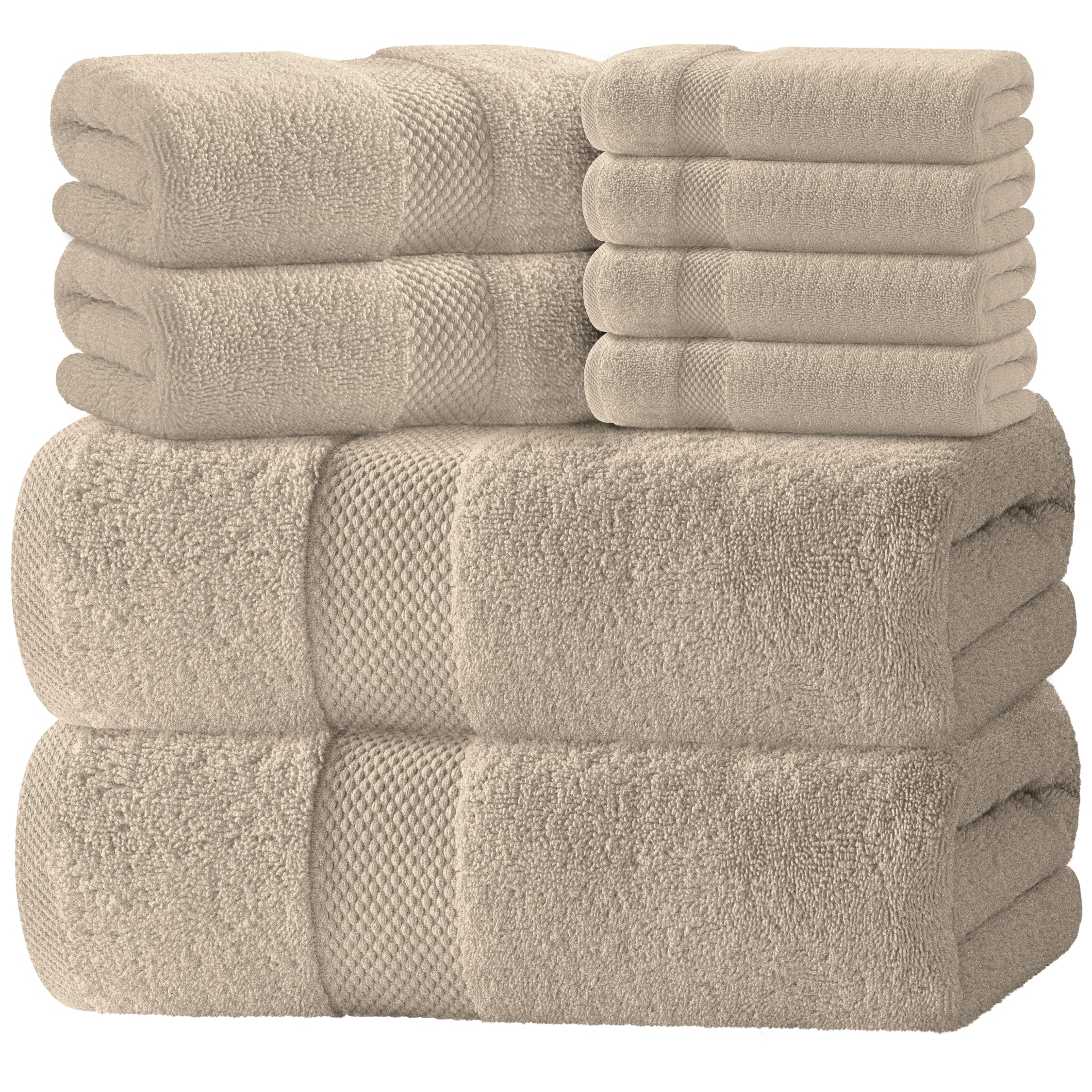 White Classic luxury bath towels set displayed with 27x54 towels in taupe for spa-like daily use