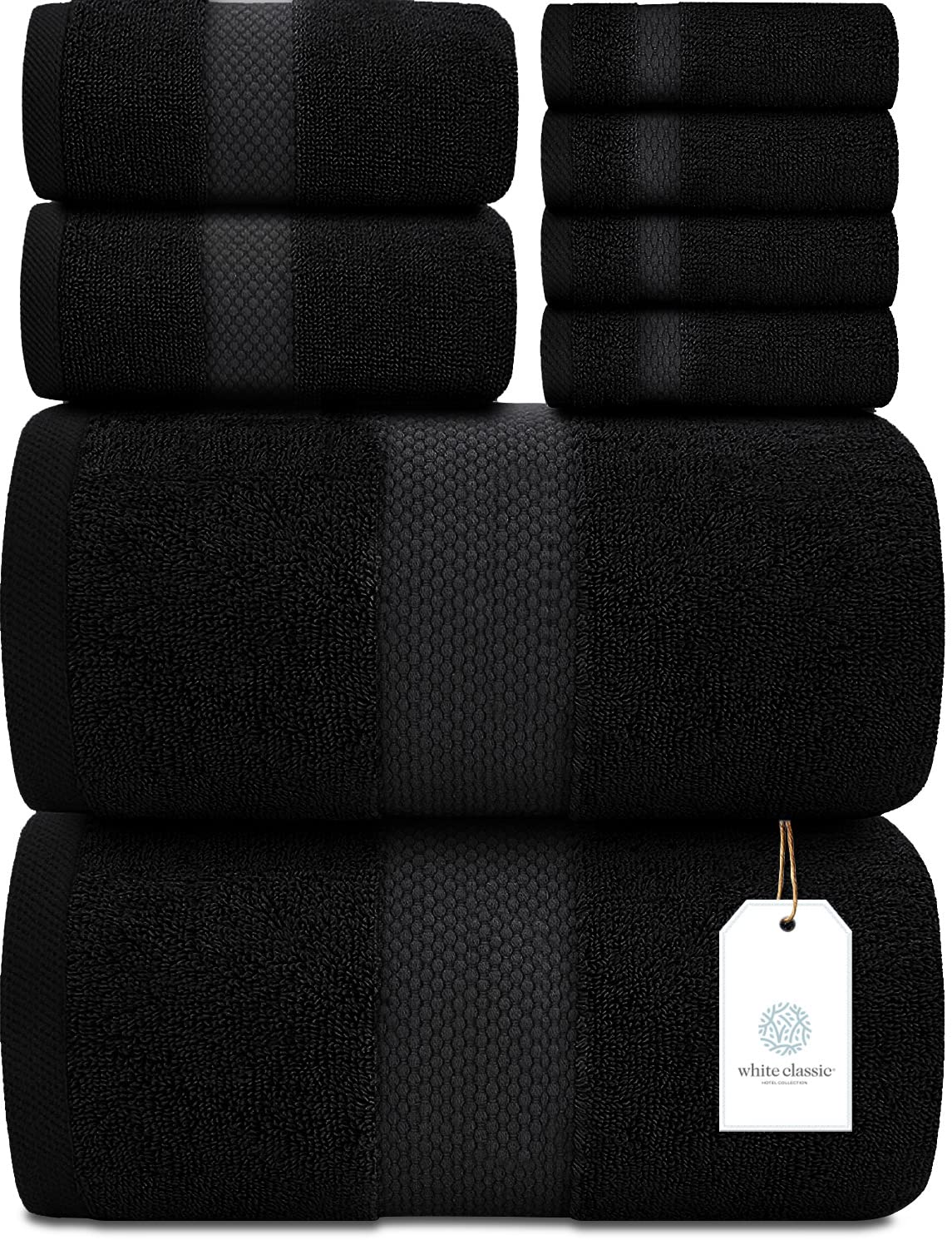 White Classic luxury bath towel set on rack; plush and absorbent.
