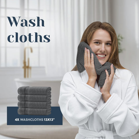 White Classic dark gray towels shown drying efficiently after shower