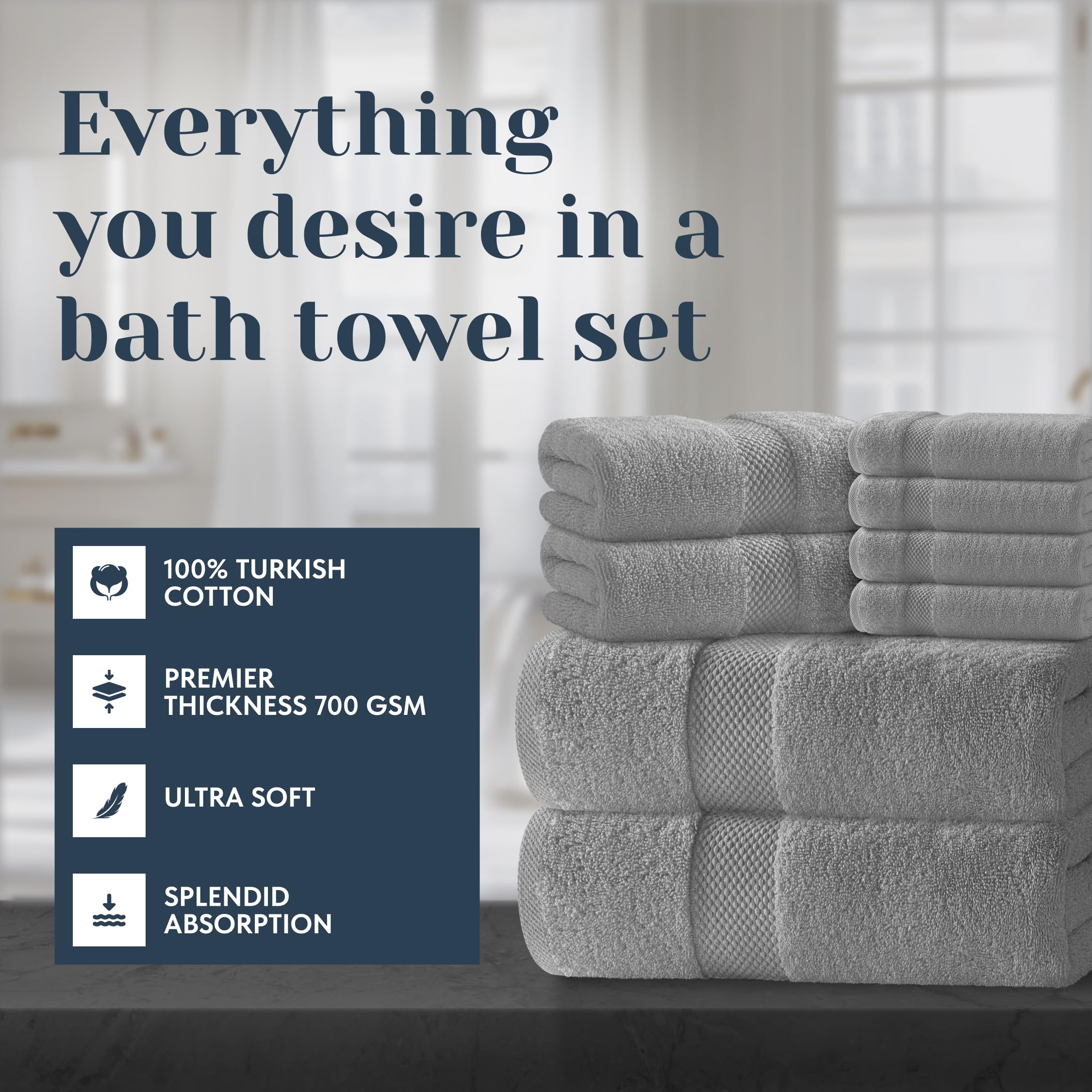 White Classic eight-piece set hand towels demonstrate soft, quick-drying performance.