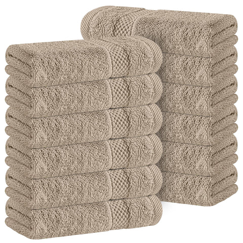 White Classic luxury Turkish cotton washcloth 13x13 taupe delivers plush softness and quick drying.