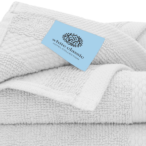 White Classic luxury washcloth 13x13 on display, lint-free performance