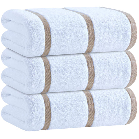 White Classic oversized towel 70x35 cream stripes, soft and absorbent for beach or pool.