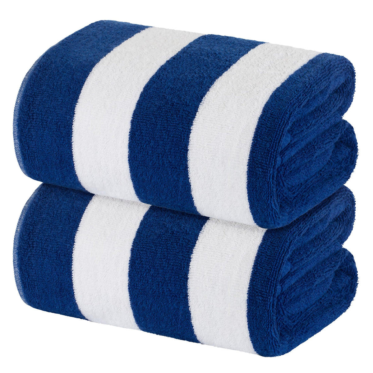 White Classic stripe cabana towel with mild navy stripe, fast-drying beach companion.