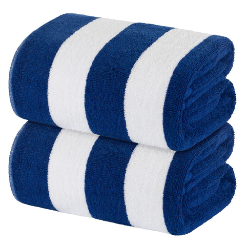White Classic stripe cabana towel with mild navy stripe, fast-drying beach companion.