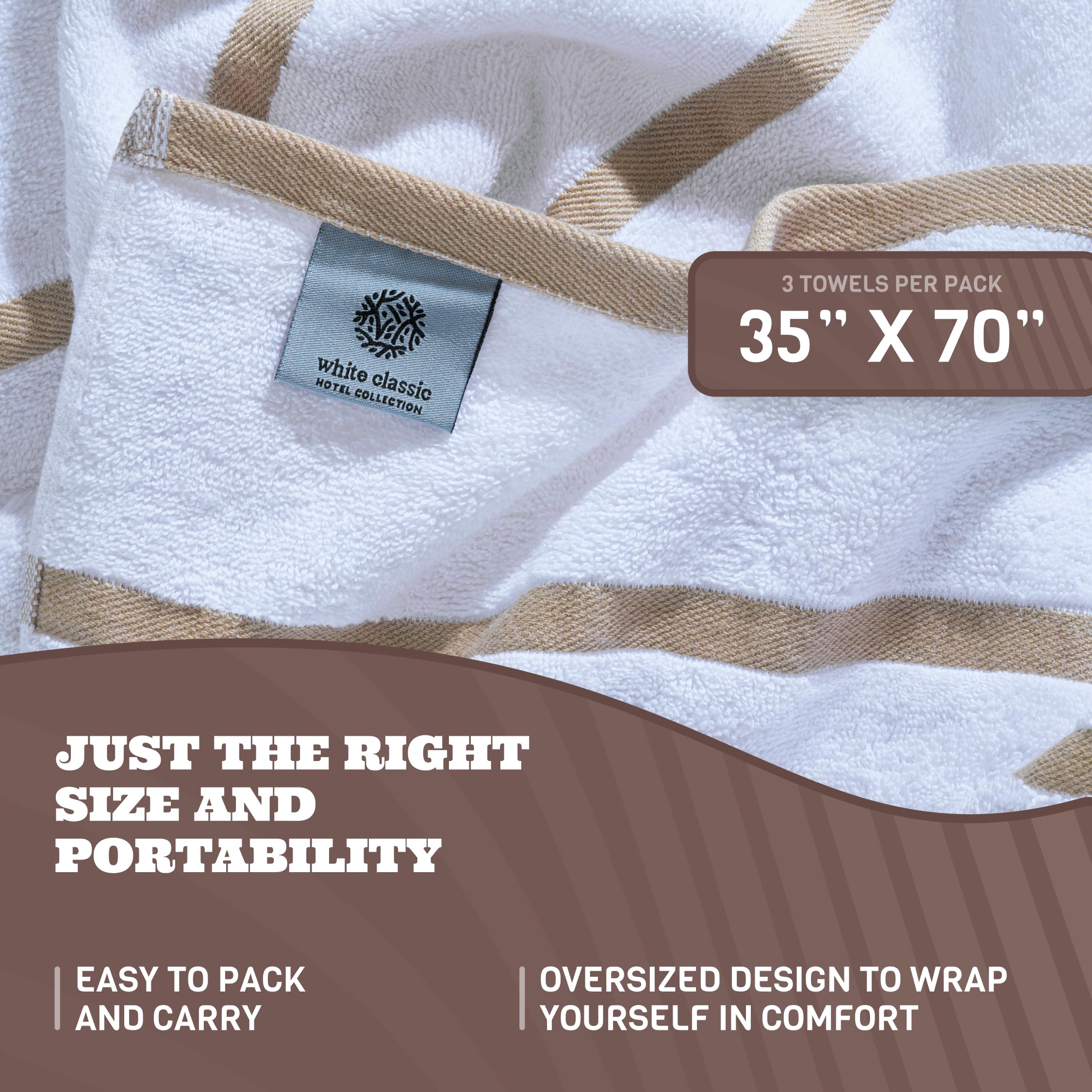 White Classic stripe design beach towel 70x35, quick-drying and lint-free.