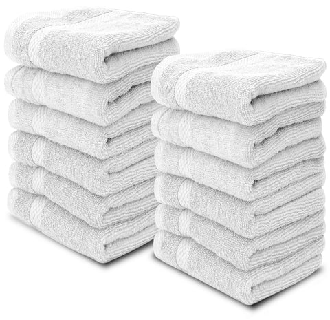 White Classic washcloths folded, 13x13 inches, plush and absorbent for daily spa routines.