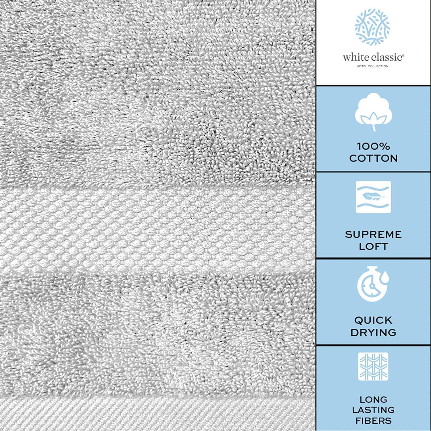 White Classic 16x30 inch towels offer generous coverage for hands and face.