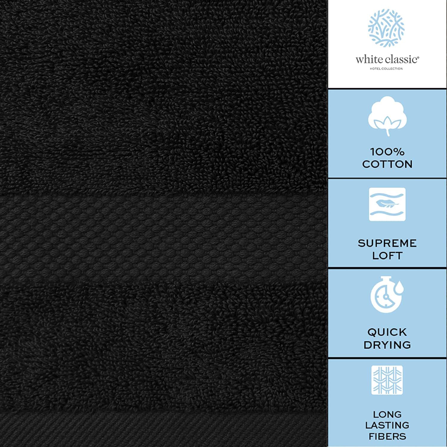 White Classic black hand towels; ideal for spa, poolside, or bathroom decor.