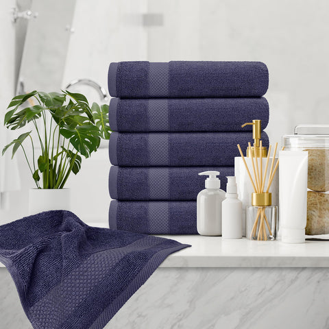 White Classic dorm-ready navy towels illustrating versatile bath or gym use.