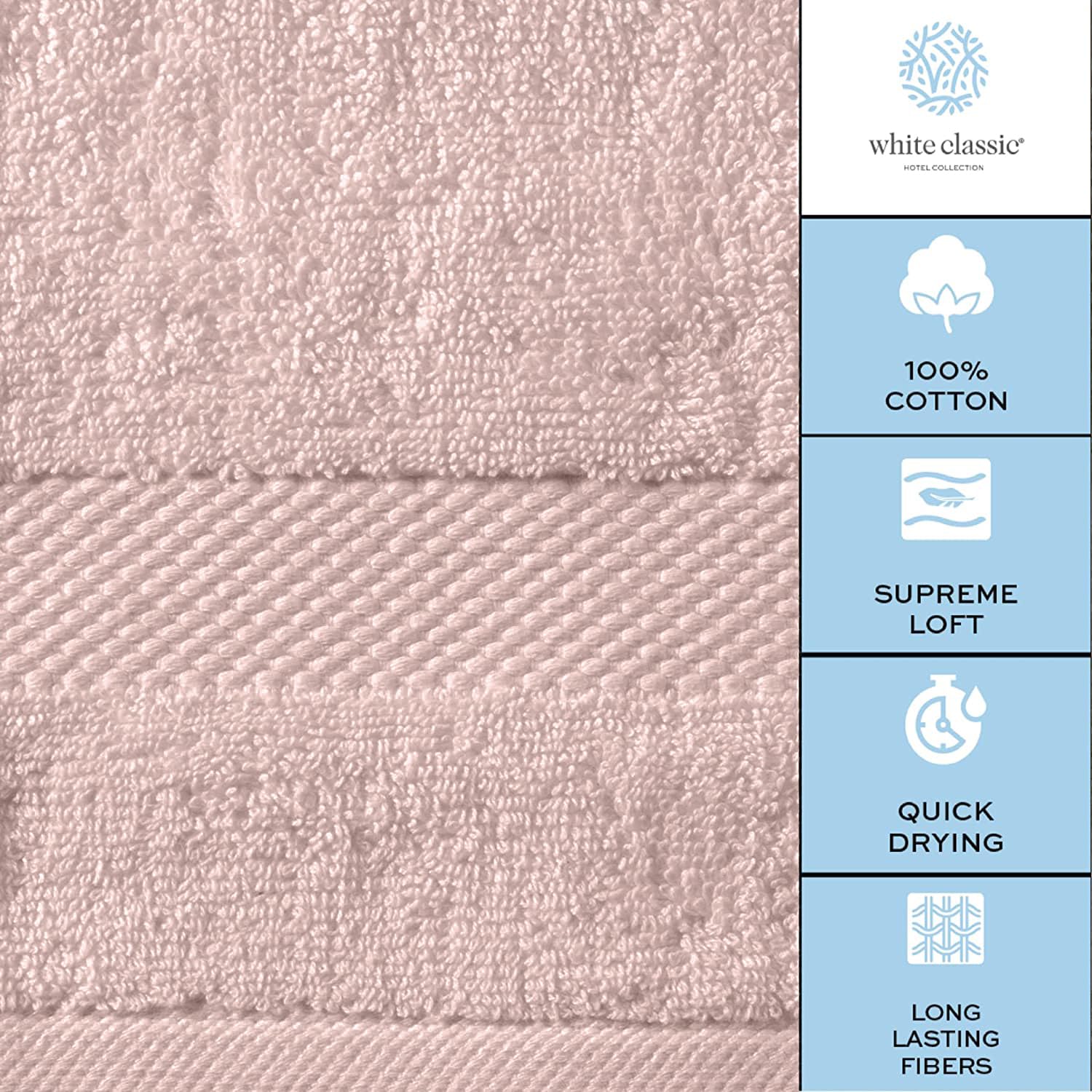 White Classic towel edge stitching detail highlighting reinforced seams.