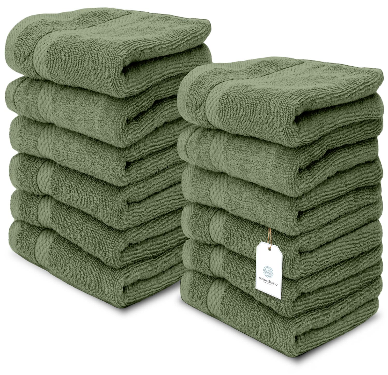 White Classic forest green washcloth folded, plush 650 GSM cotton for absorbent use