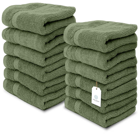 White Classic forest green washcloth folded, plush 650 GSM cotton for absorbent use