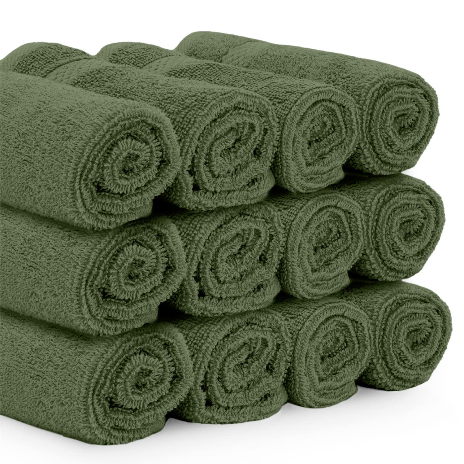 White Classic forest green washcloth stack 12-pack ready for hotel or spa