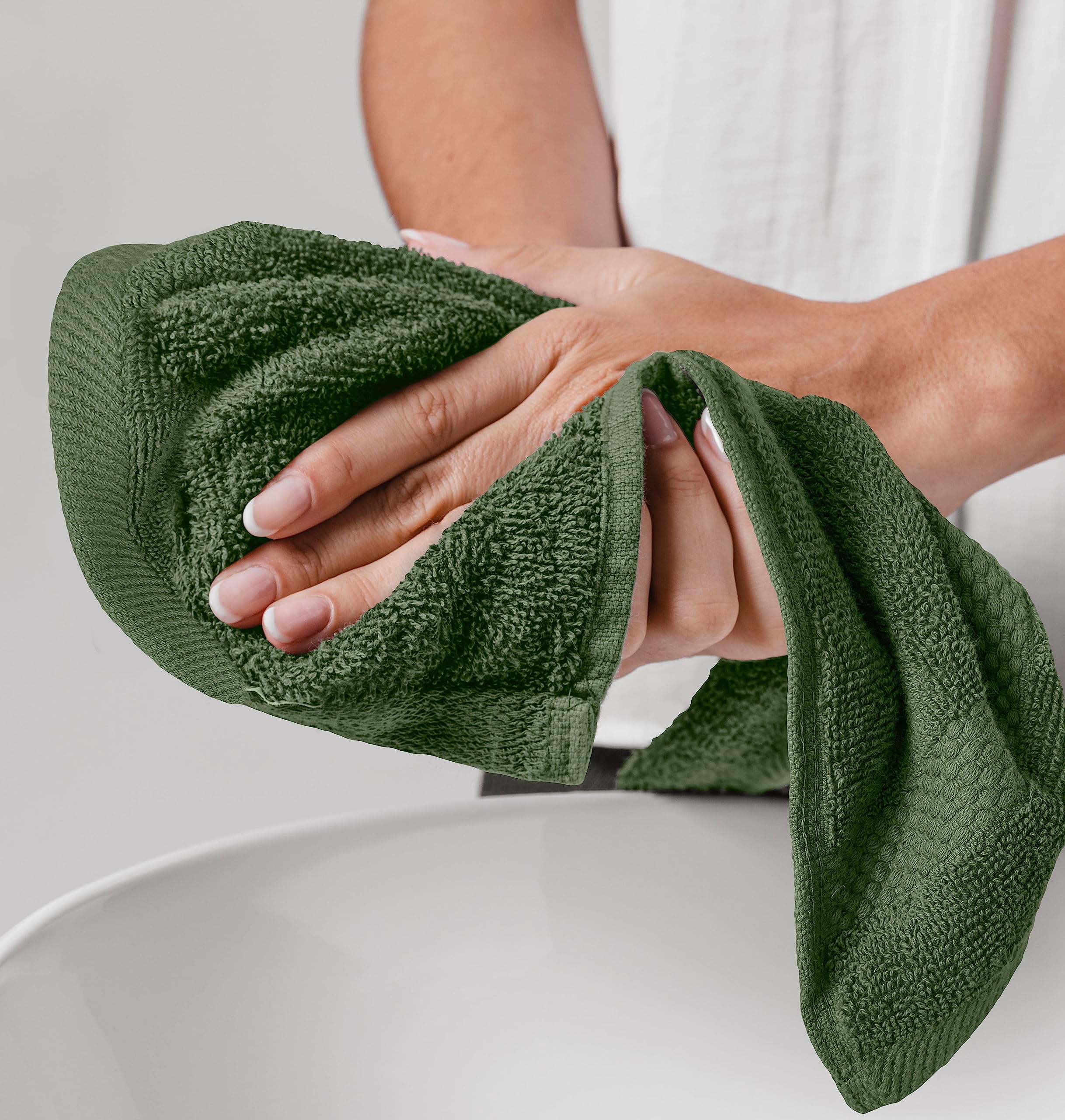 White Classic forest green washcloth on tile, ideal bath accessory