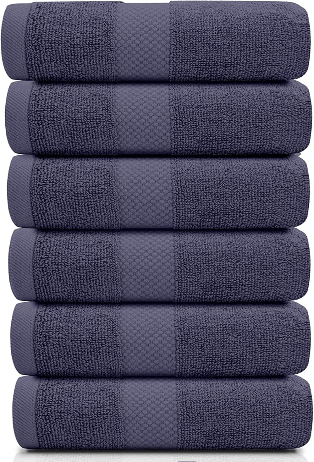 White Classic navy blue hotel collection towels rolled in display.