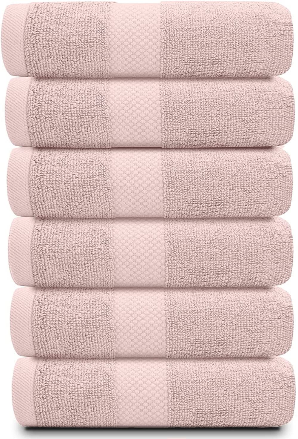 White Classic six-piece pink towel set arranged for hotel-style display.