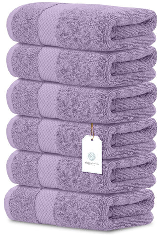 White Classic lavender hand towel 16x30 on display for generous drying space.