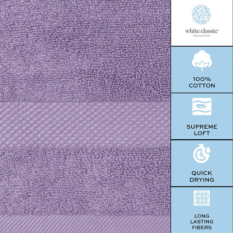 White Classic lavender towel in a stylish hotel bathroom setup.