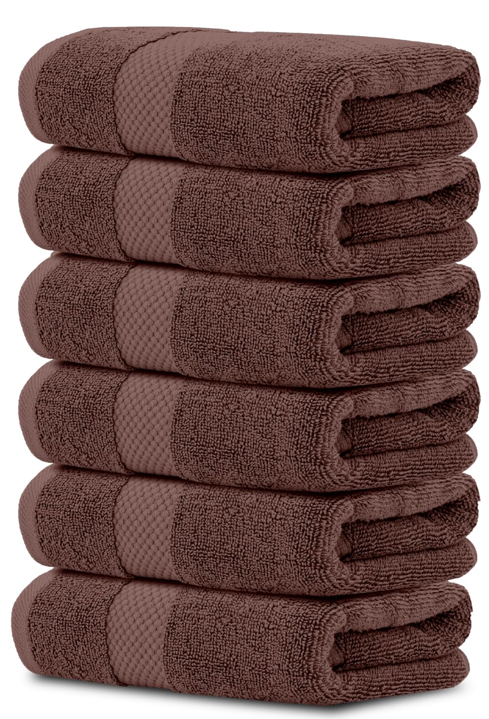 White Classic luxury brown hand towels 16x30 set six, plush and absorbent for bath time.