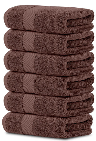 White Classic luxury brown hand towels 16x30 set six, plush and absorbent for bath time.