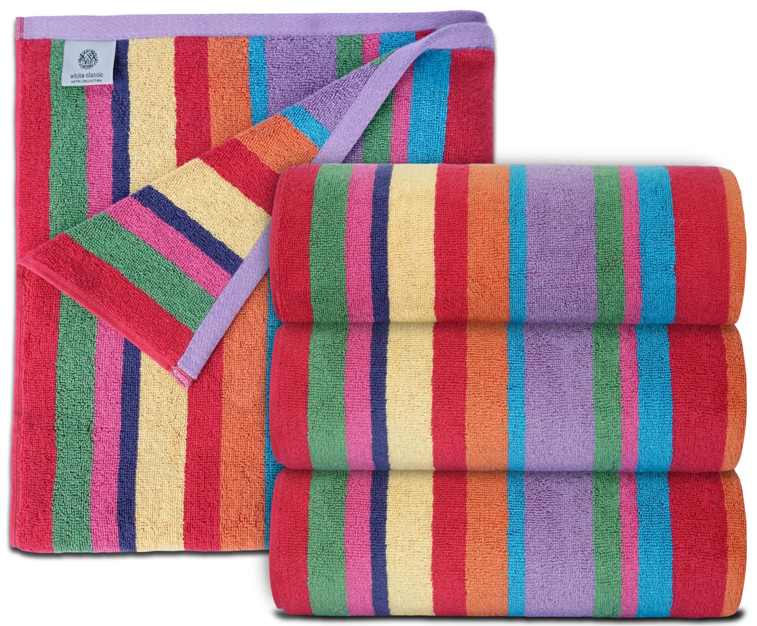 White Classic rainbow-striped towel, oversized 60x30 inches, ideal for beach lounging.