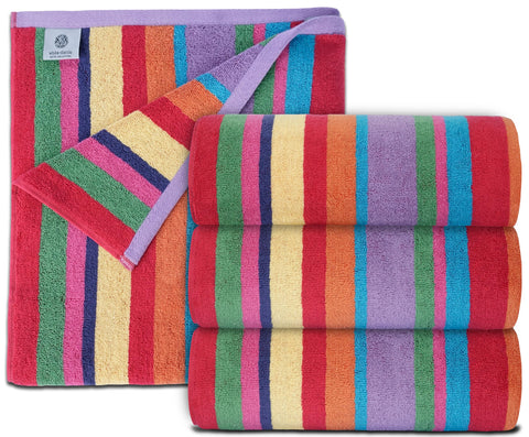 White Classic rainbow-striped towel, oversized 60x30 inches, ideal for beach lounging.