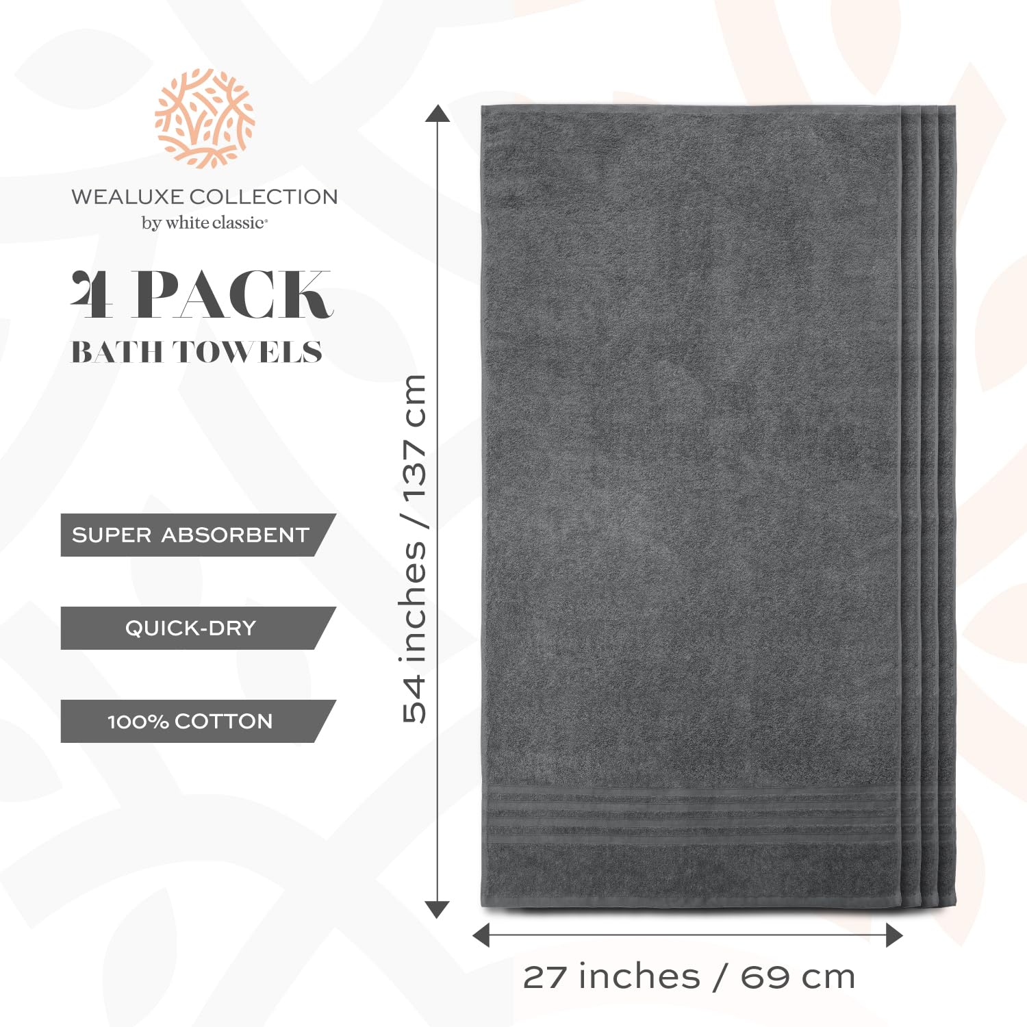 White Classic Wealuxe grey bath towel 27x54 inches displayed on rack