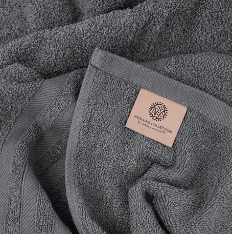 White Classic Wealuxe grey bath towel close-up on double-stitched hem