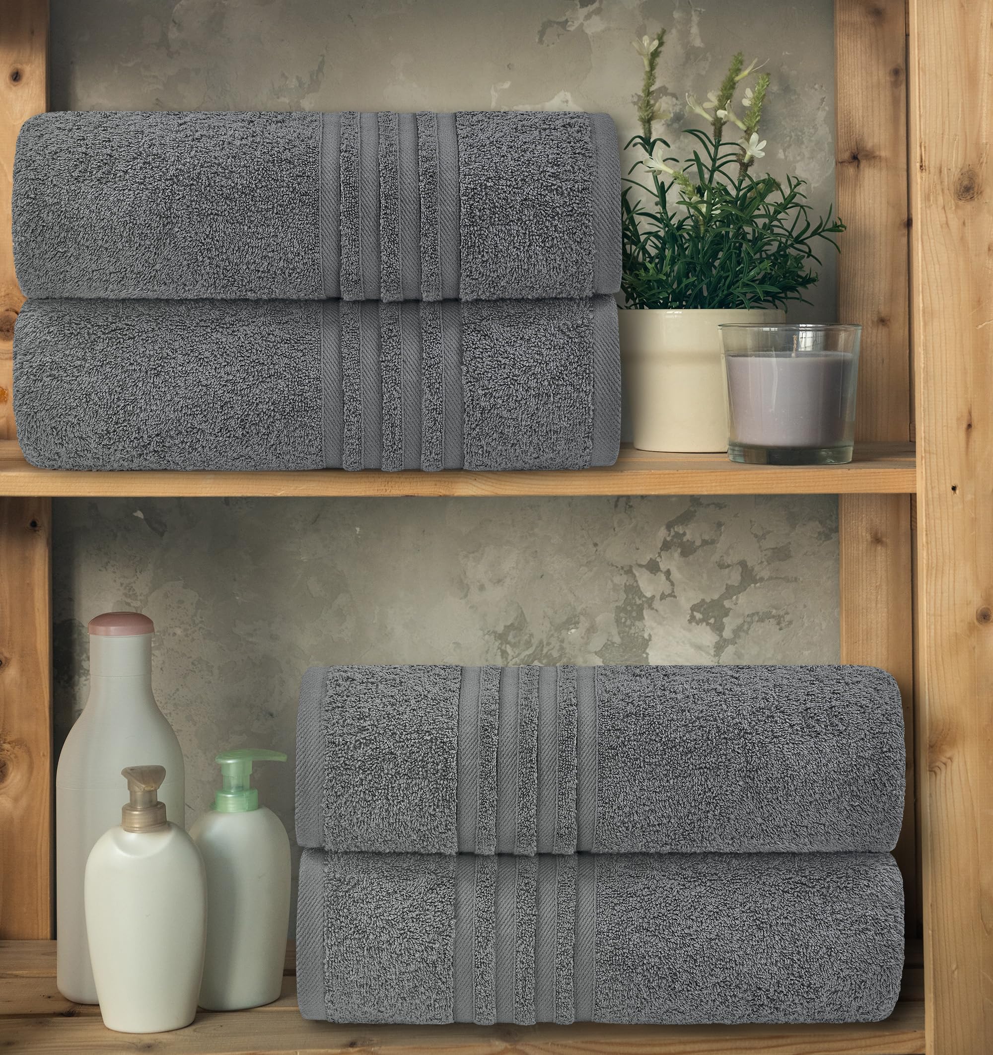 White Classic Wealuxe grey bath towels arranged in hotel style with lint-free care