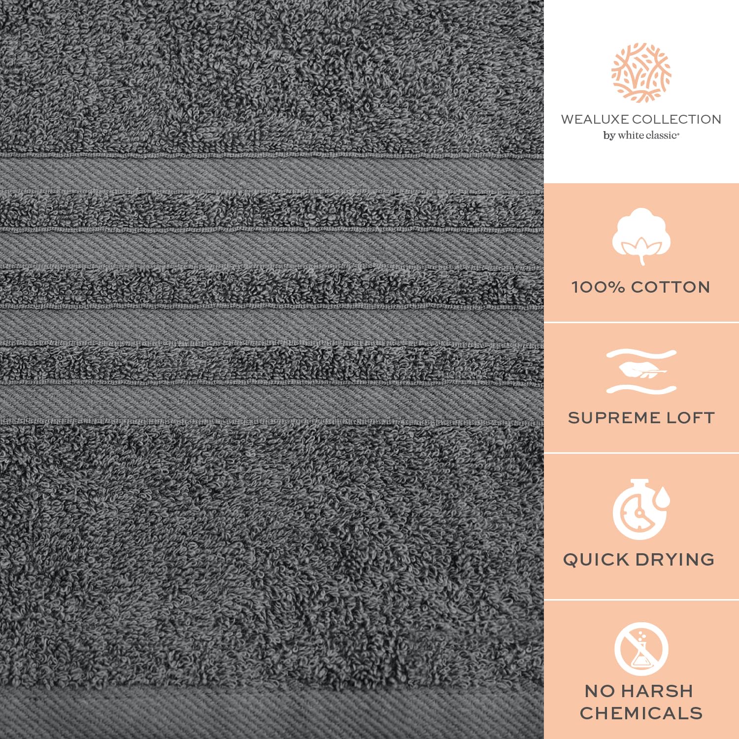 White Classic Wealuxe grey bath towel draped for spa-like relaxation after shower
