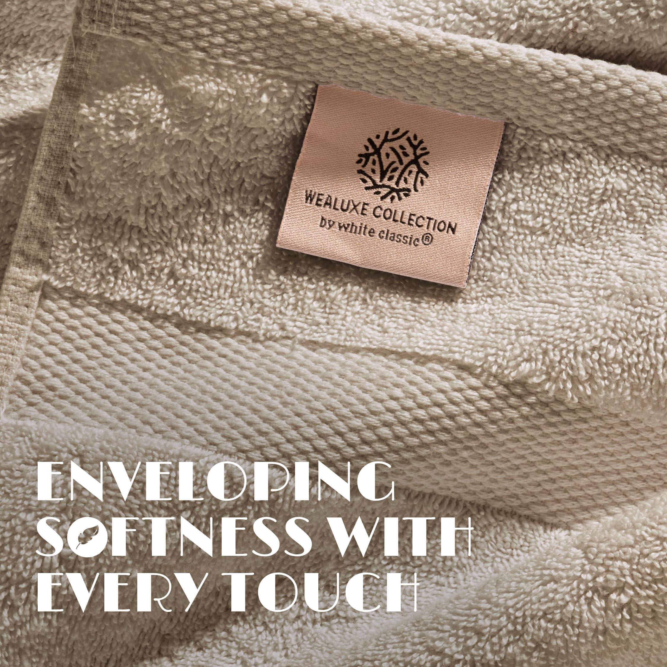 White Classic Wealuxe taupe towel close-up highlights premium ring-spun cotton softness.