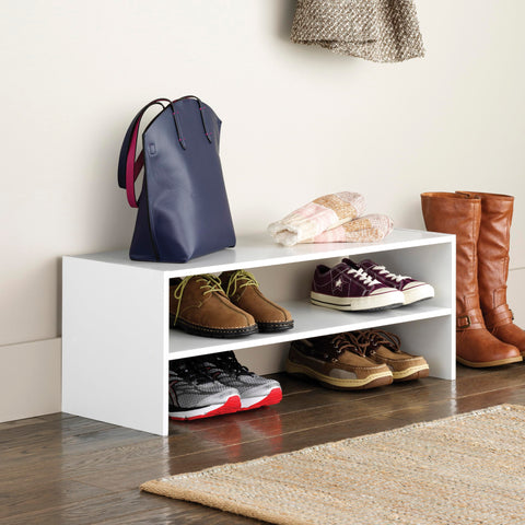 Whitmor 2-shelf shoe rack in white for easy access.