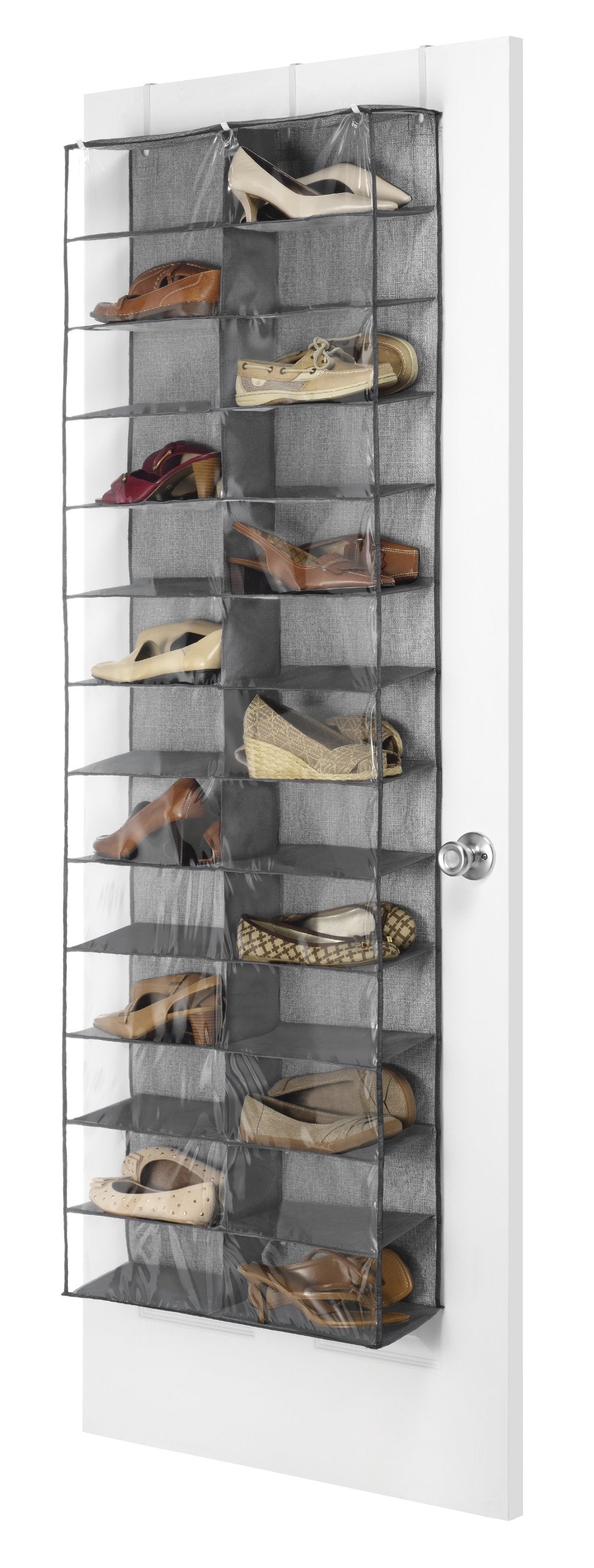 Whitmor 26-pocket organizer shows shoes in see-through pockets for quick access.