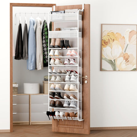 Whitmor 27-pair over-the-door shoe organizer front view showing roomy racks for sneakers and heels