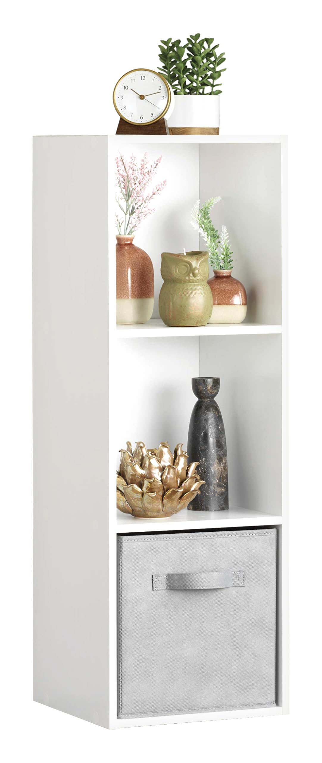 Whitmor 3 Cube Storage Organizer white front view showing open cubes for books and decor