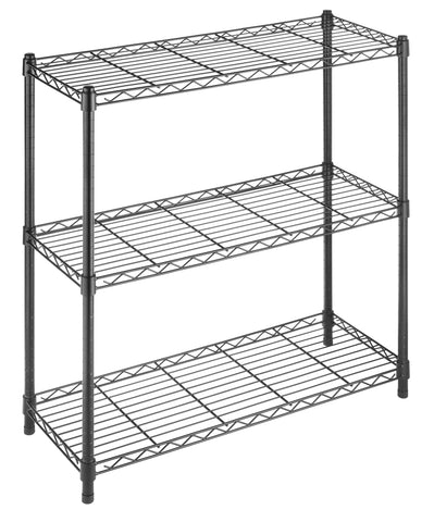 Whitmor 3-tier shelving unit assembled, front view shows sturdy metal frame for durable storage.