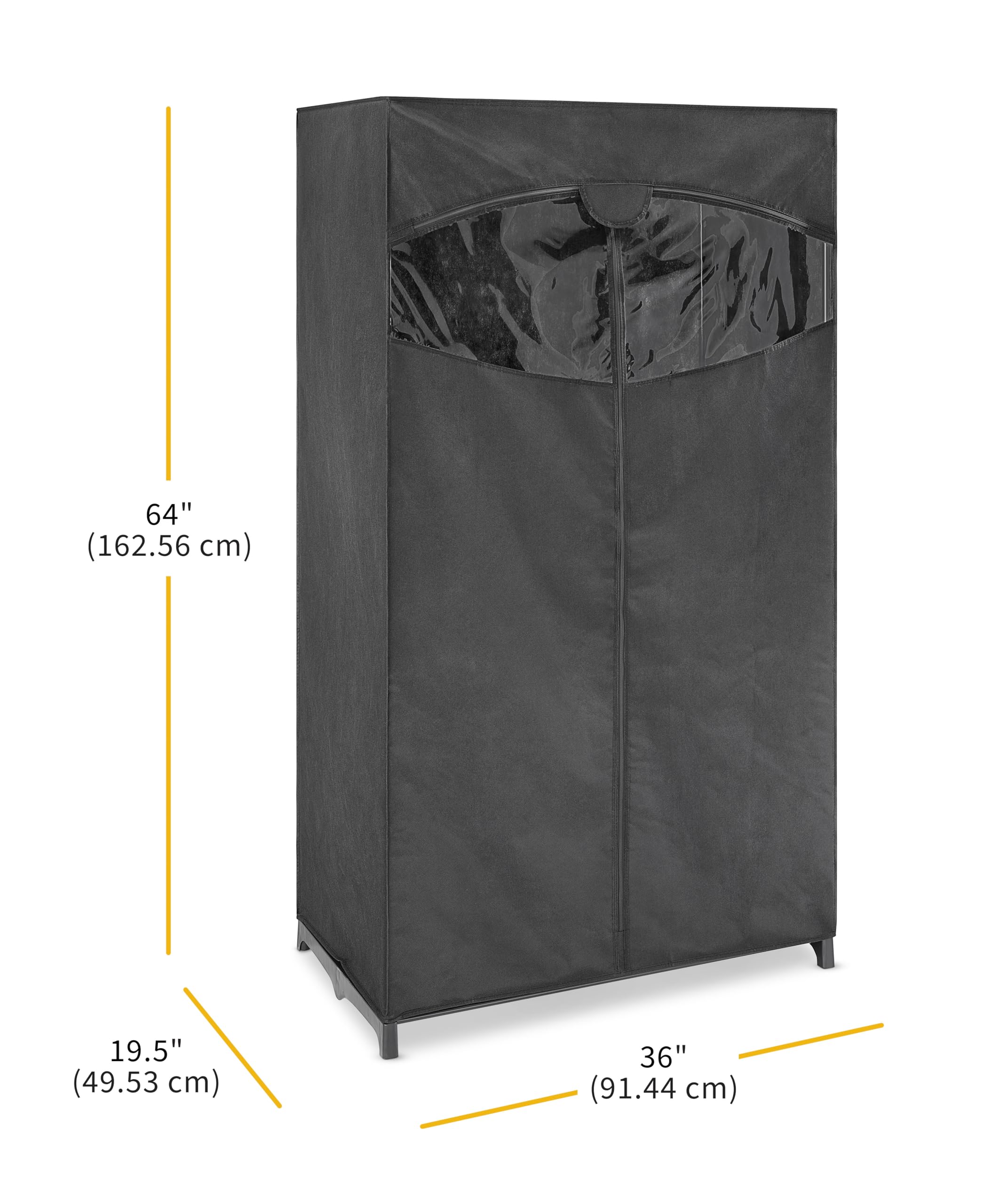 Assembled Whitmor closet dimensions 19.5 x 36 x 64 inches for space planning.