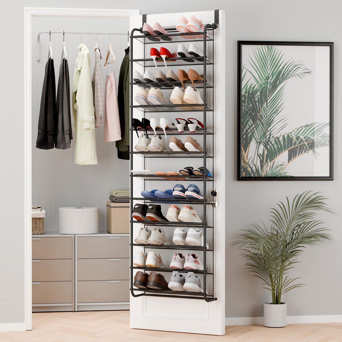 Whitmor 36-pair over-the-door organizer shows organized shoes and saved door space