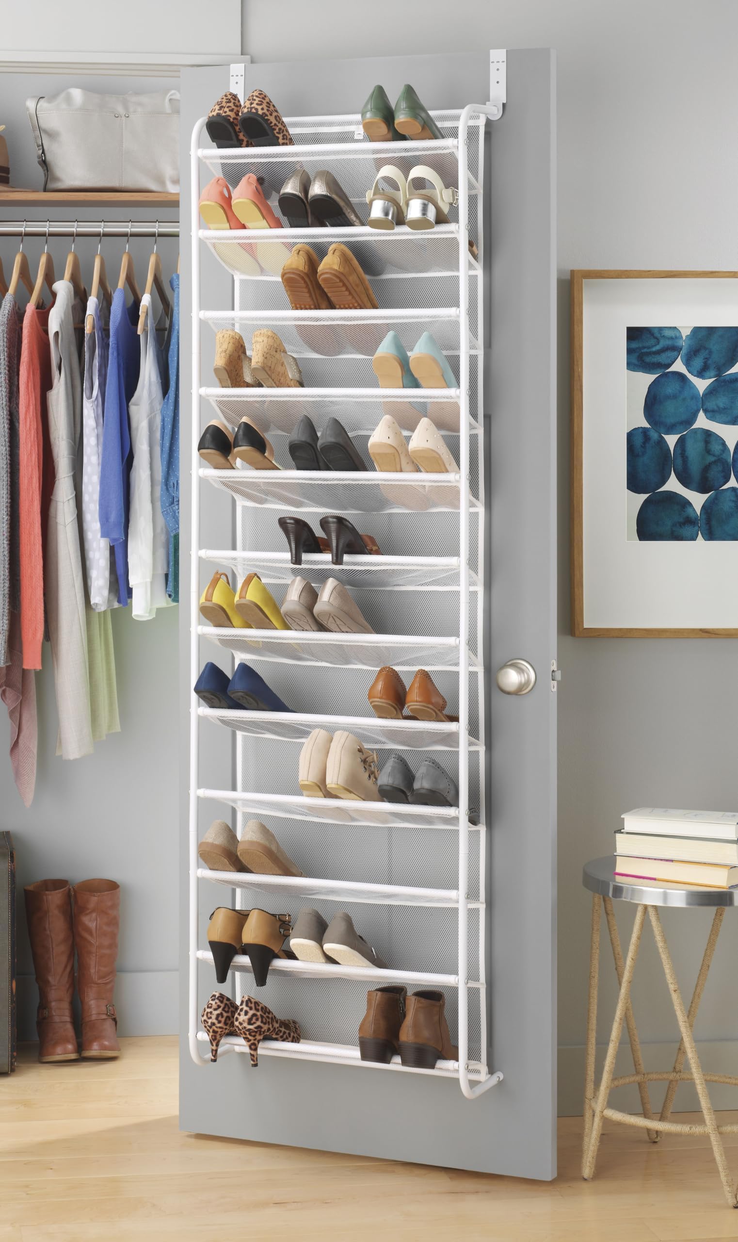 Whitmor 36-pair over-the-door shoe rack maximizes vertical space for shoes.