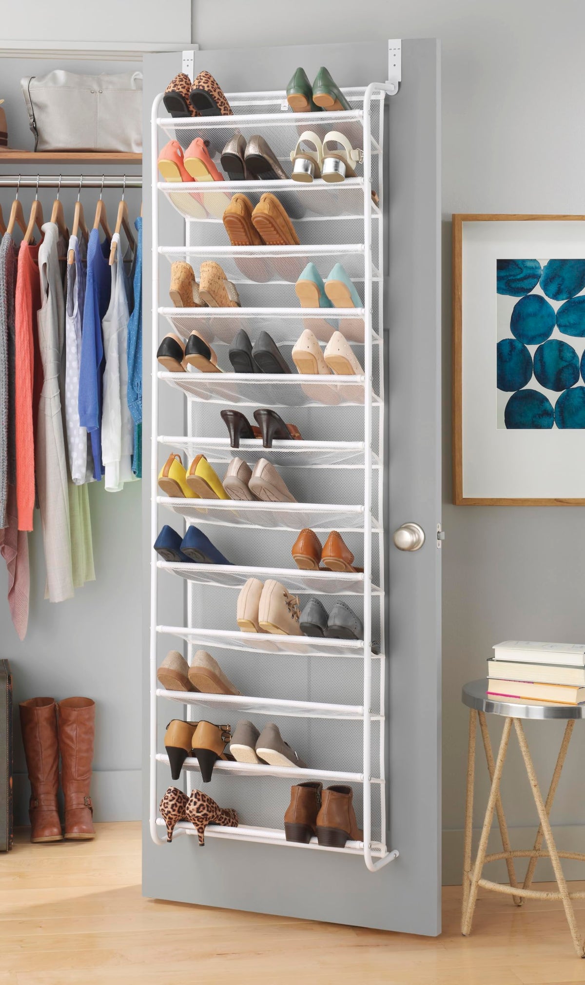 Whitmor 36-pair over-the-door shoe rack maximizes vertical space for shoes.