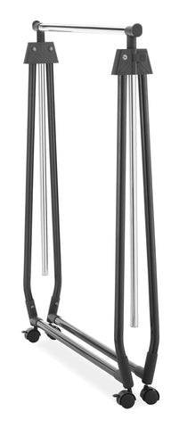 Whitmor black garment rack versatile for temporary wardrobe display.